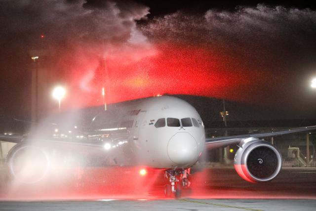 An Air India Boeing 787-8 Dreamliner plane receives a water cannon statue upon its landing at Ben Gurion International Airport in Lod,/ Source: Reuters  